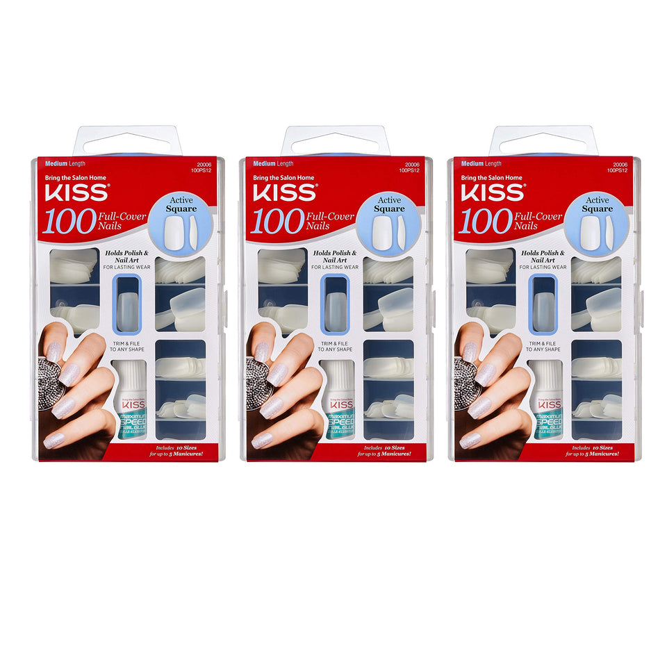 KISS 100 Full Cover Nails Active Square pack of three for quick manicure