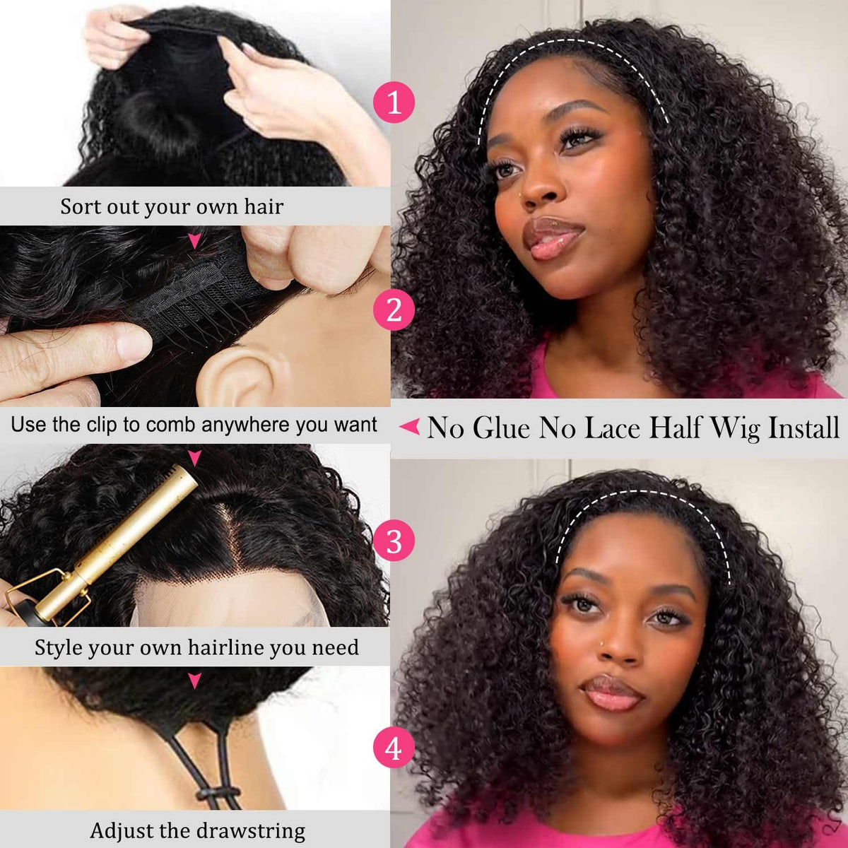 KISS HAIR kinky curly half wig includes built-in combs for security