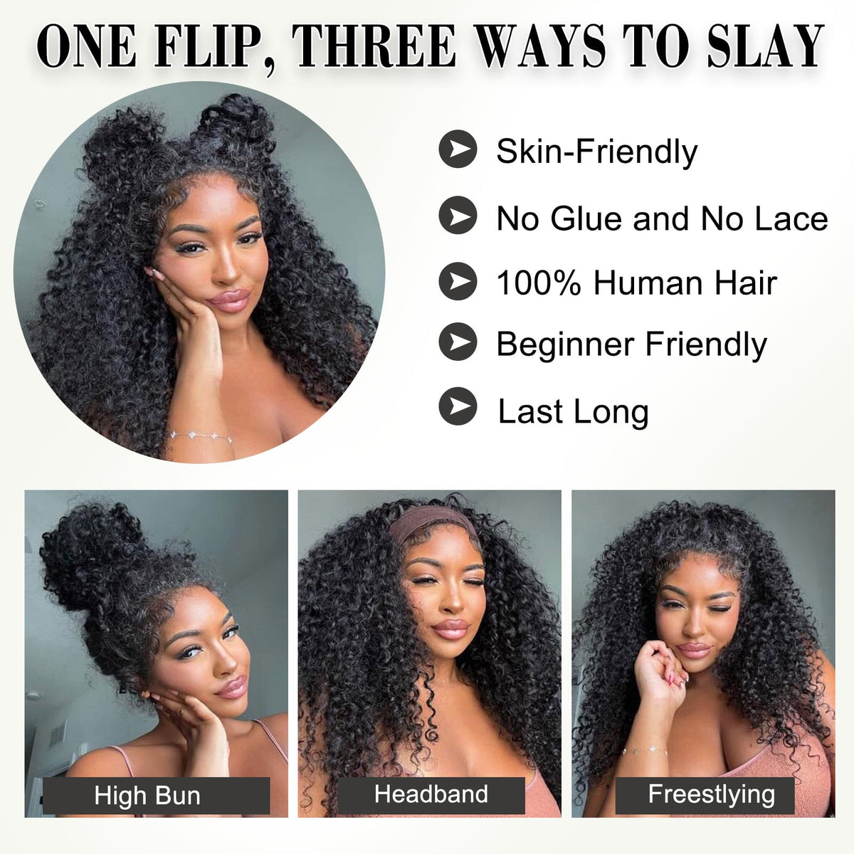 KISS HAIR kinky curly half wig features a natural-looking hairline