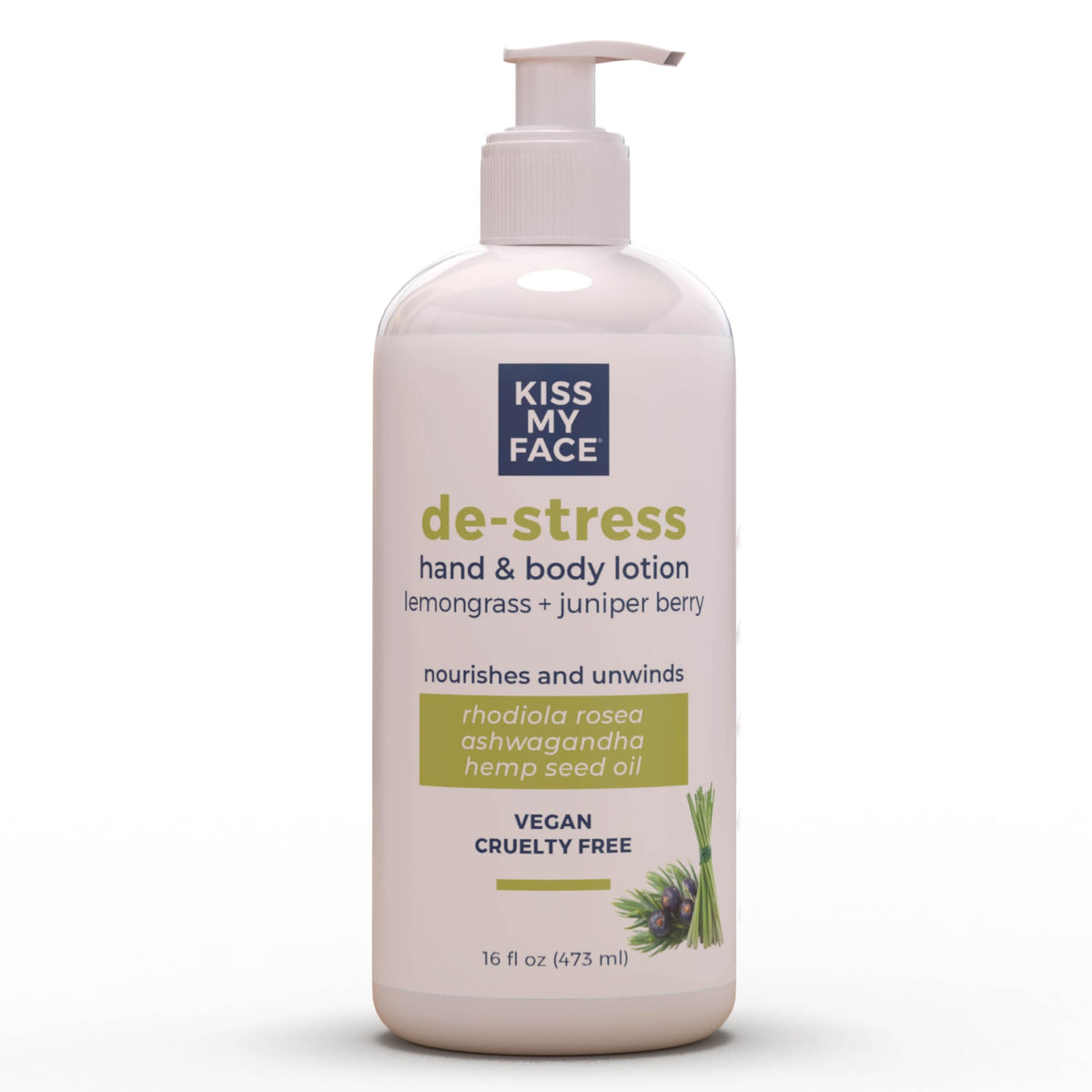 Kiss My Face De-Stress Lotion bottle front shows nourishing hydration for hands and body.