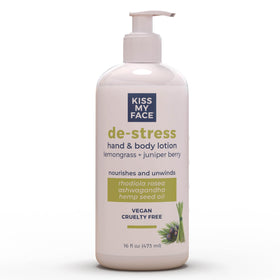 Kiss My Face De-Stress Lotion bottle front shows nourishing hydration for hands and body.