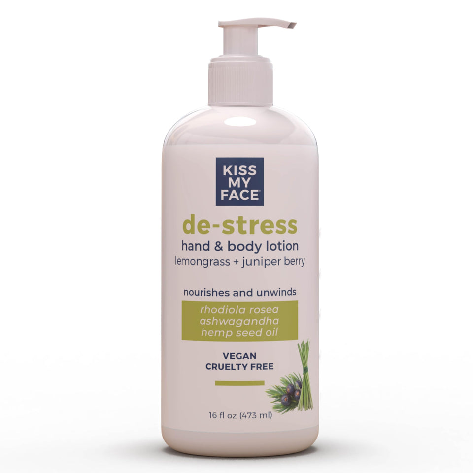 Kiss My Face De-Stress Lotion bottle front shows nourishing hydration for hands and body.