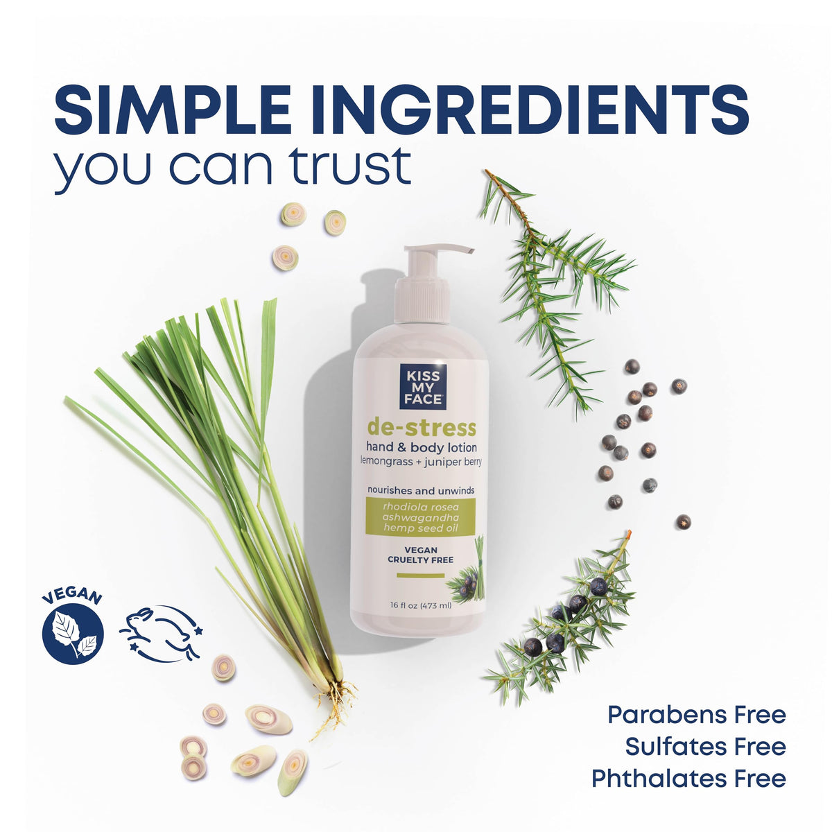 Kiss My Face De-Stress Lotion pump demonstrates easy-to-use packaging for daily care.