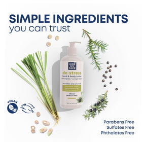 Kiss My Face De-Stress Lotion pump demonstrates easy-to-use packaging for daily care.