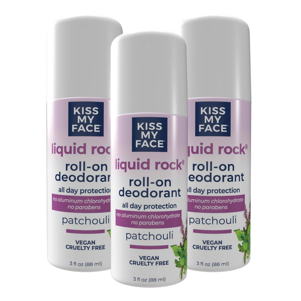 Kiss My Face Liquid Rock Roll-On bottle showing aluminum-free formula for all-day freshness.