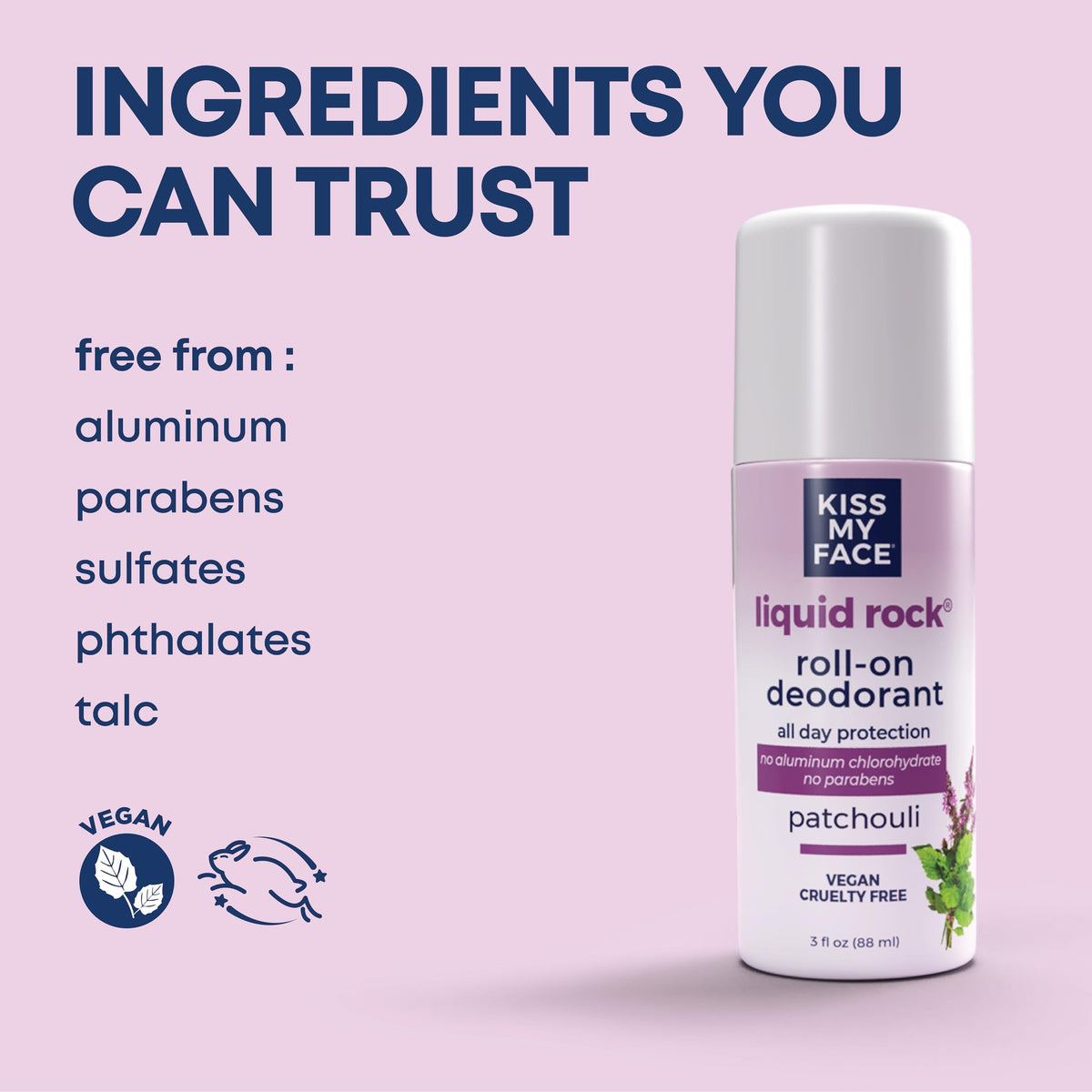 Kiss My Face Liquid Rock Roll-On pack image emphasizing vegan, cruelty-free deodorant.