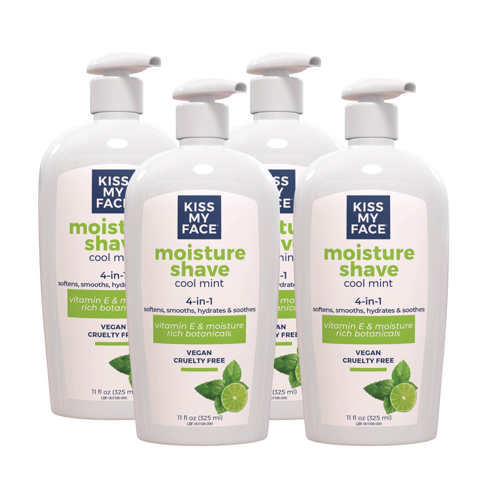 Kiss My Face Moisture Shave Cream with cool mint in a pump bottle for a smooth shave.