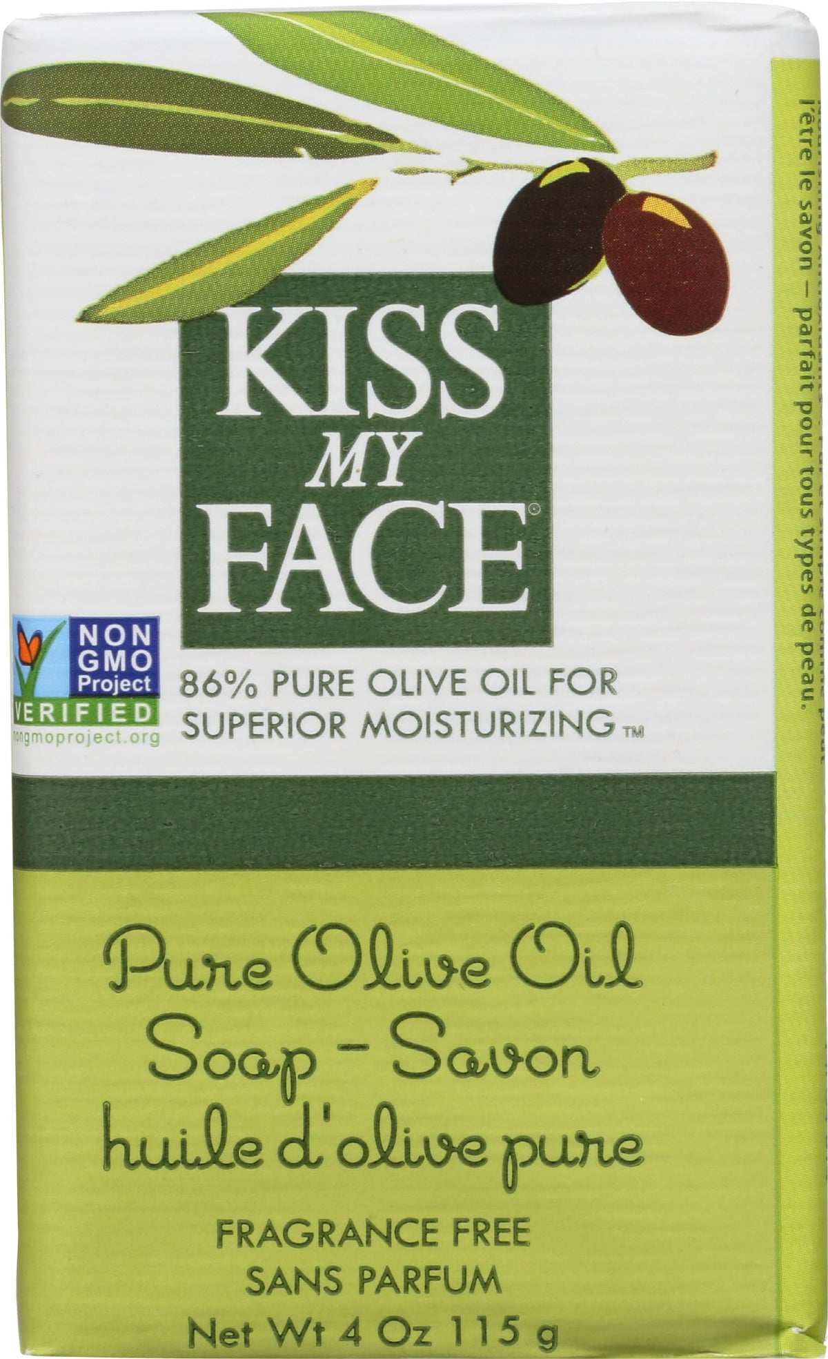 Kiss My Face Pure Olive Oil Bar Soap close-up showing a rich, moisturizing bar.