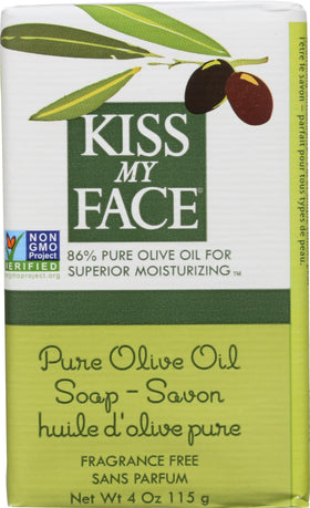 Kiss My Face Pure Olive Oil Bar Soap close-up showing a rich, moisturizing bar.