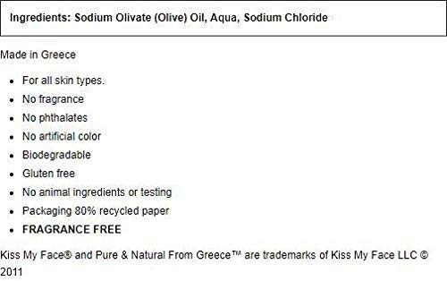 Kiss My Face Pure Olive Oil Bar Soap ingredients image with water, olive oil, and sea salt.