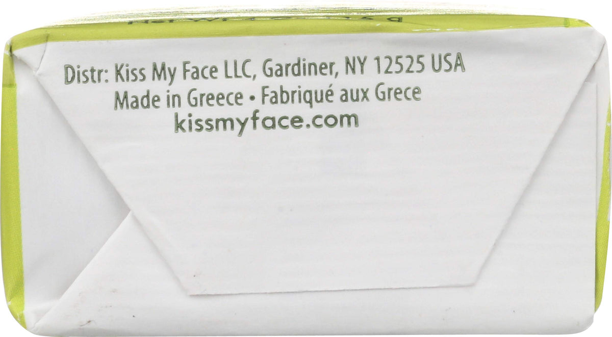 Kiss My Face Pure Olive Oil Bar Soap packaging emphasizing simple ingredients.