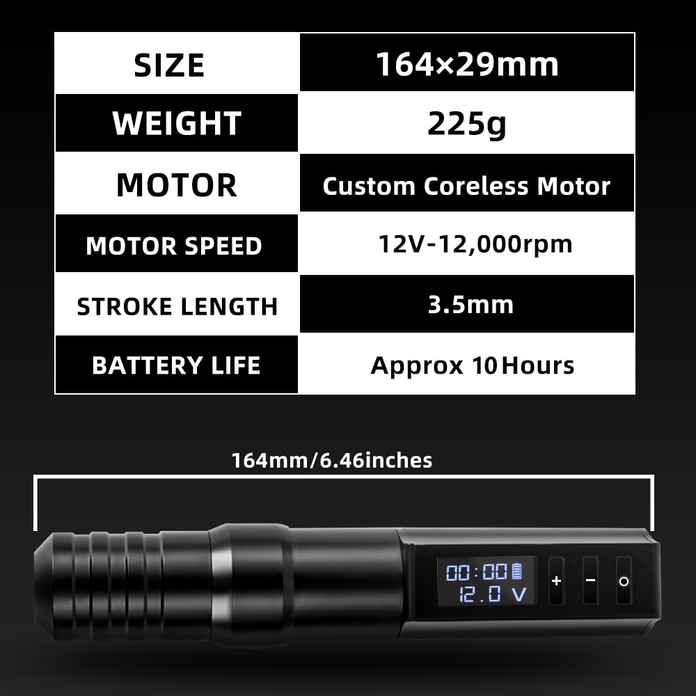 Kiss of Dragon wireless tattoo machine close-up, lightweight aluminum build for comfortable sessions.