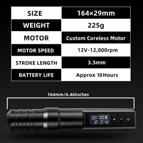 Kiss of Dragon wireless tattoo machine close-up, lightweight aluminum build for comfortable sessions.