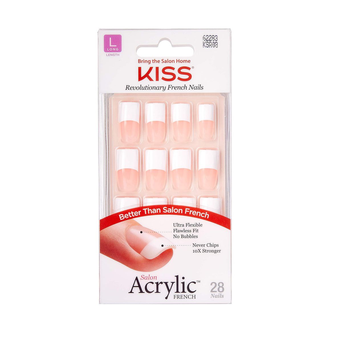 KISS Salon Acrylic French 28-count two-box pack for at-home nude French tips close-up.