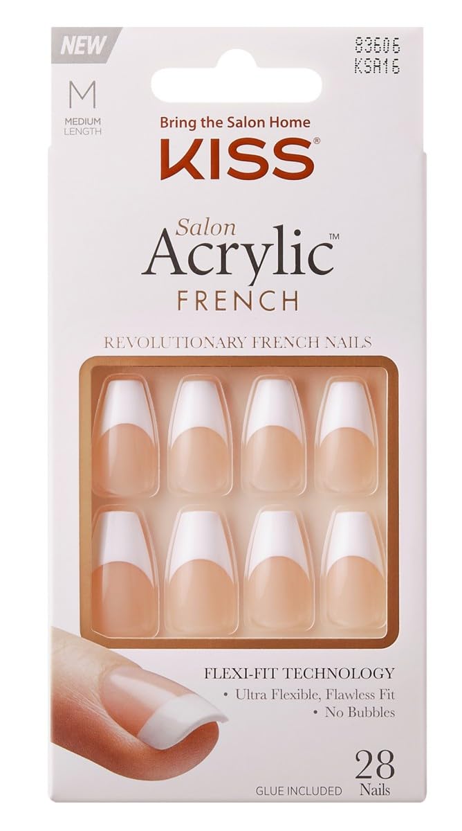 KISS Salon Acrylic French close-up showing salon-like finish and crisp lines.