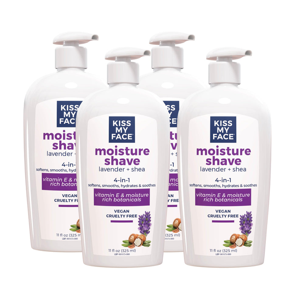 Kiss My Face Moisture Shave Lavender & Shea bottle with pump for quick, hydrating shaves.