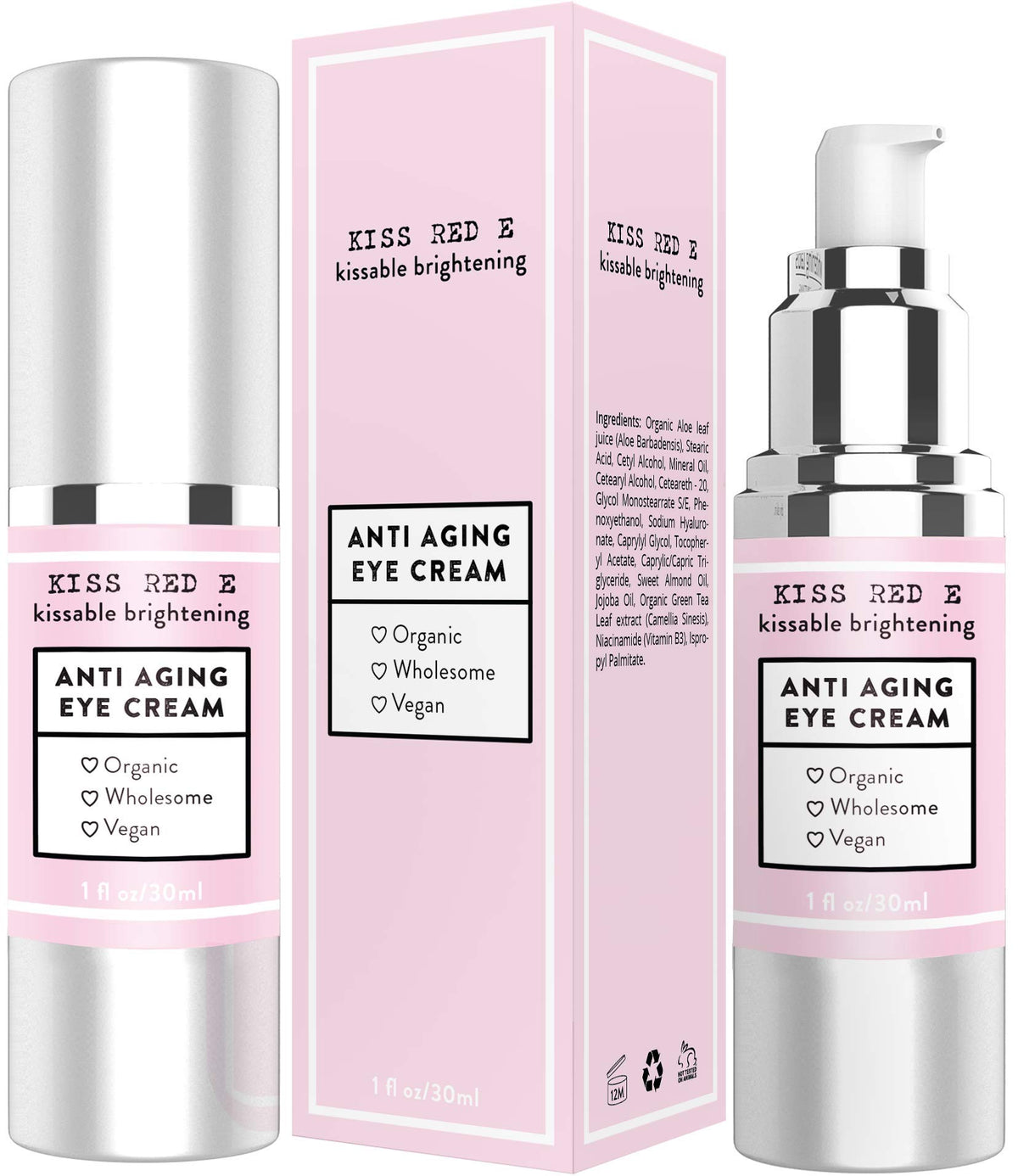 KissRedE anti-aging eye cream bottle with luxe silver pump for daily hydration.