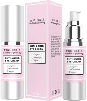 KissRedE anti-aging eye cream bottle with luxe silver pump for daily hydration.