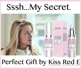 KissRedE eye cream in hand for convenient on-the-go skincare.