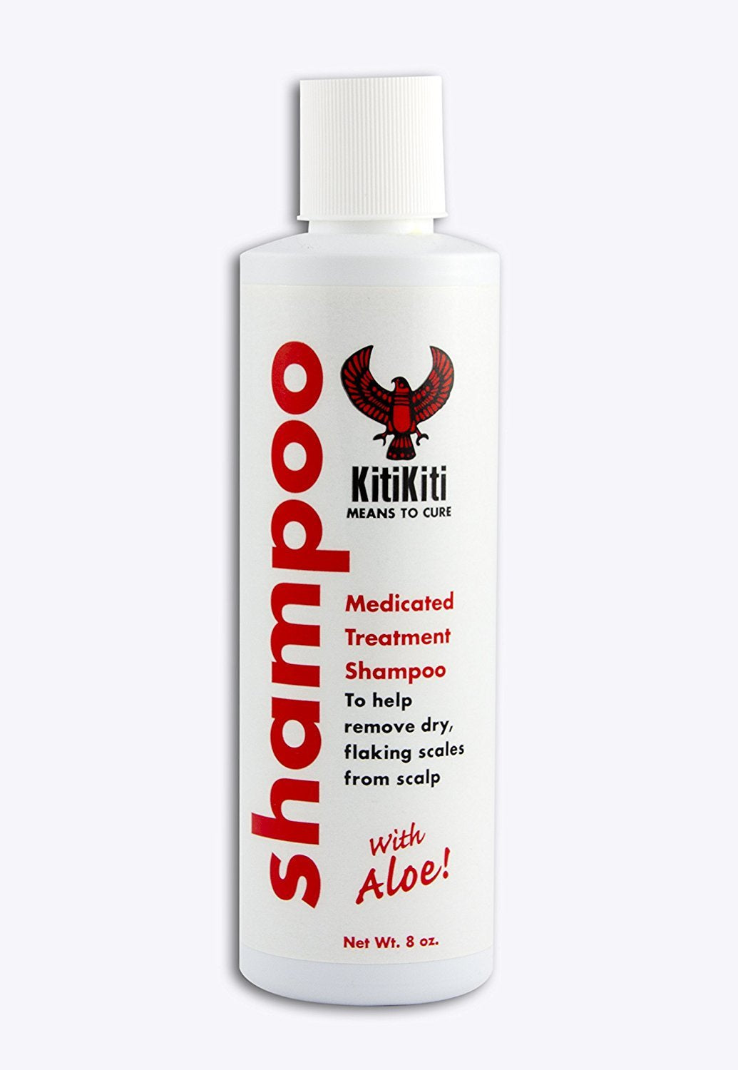 Kitikiti medicated aloe shampoo bottle helps soothe dry scalp and reduce flakes.