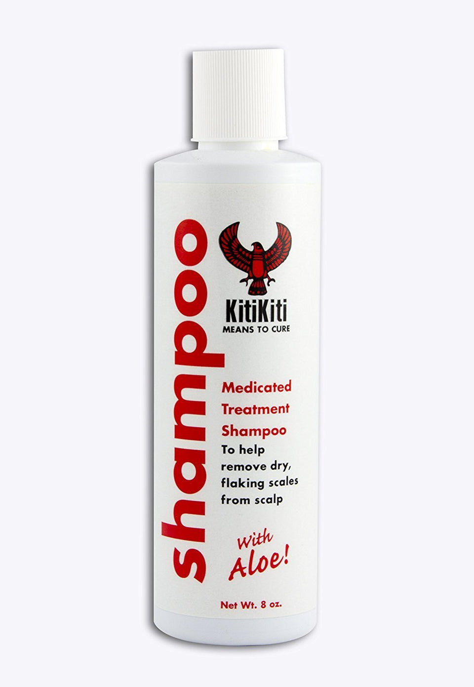 Kitikiti medicated aloe shampoo bottle helps soothe dry scalp and reduce flakes.