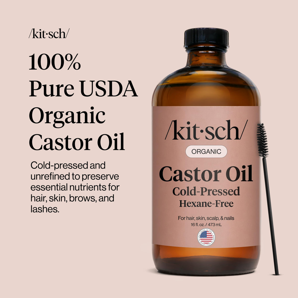 Kitsch Castor Oil in palm shows silky texture for hair conditioning.