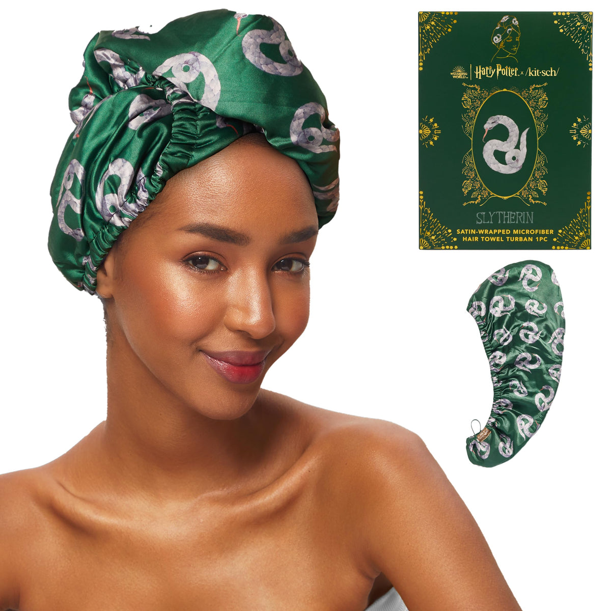 Kitsch Harry Potter Slytherin microfiber hair towel wrap on model for quick-dry styling.