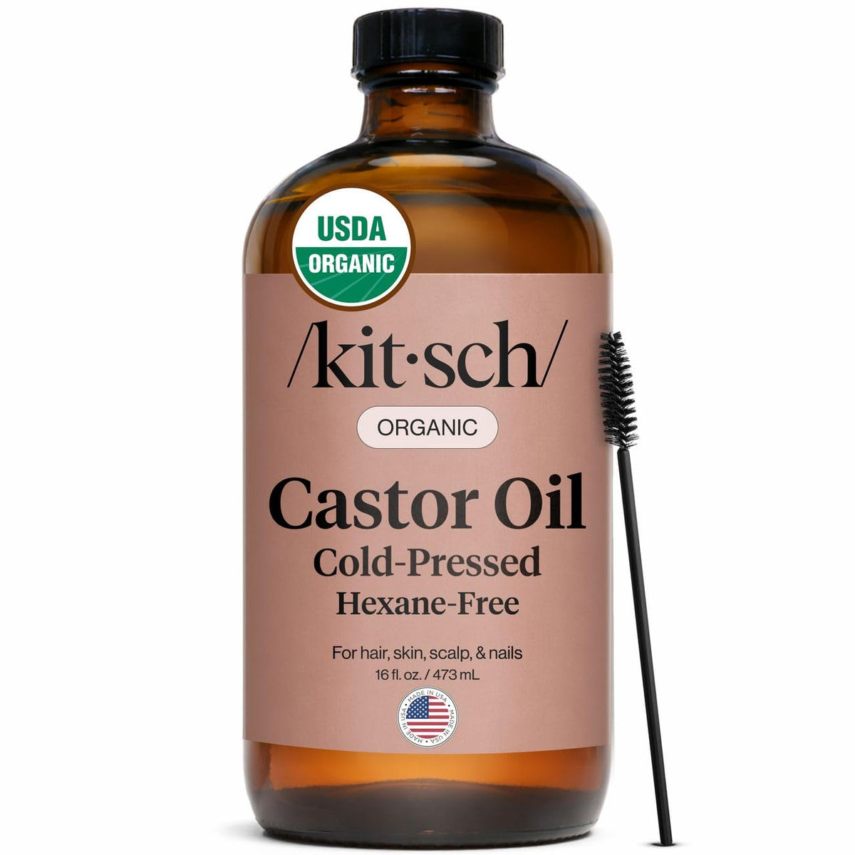Kitsch Organic Castor Oil bottle with pour-spout for precise application and nourishment.
