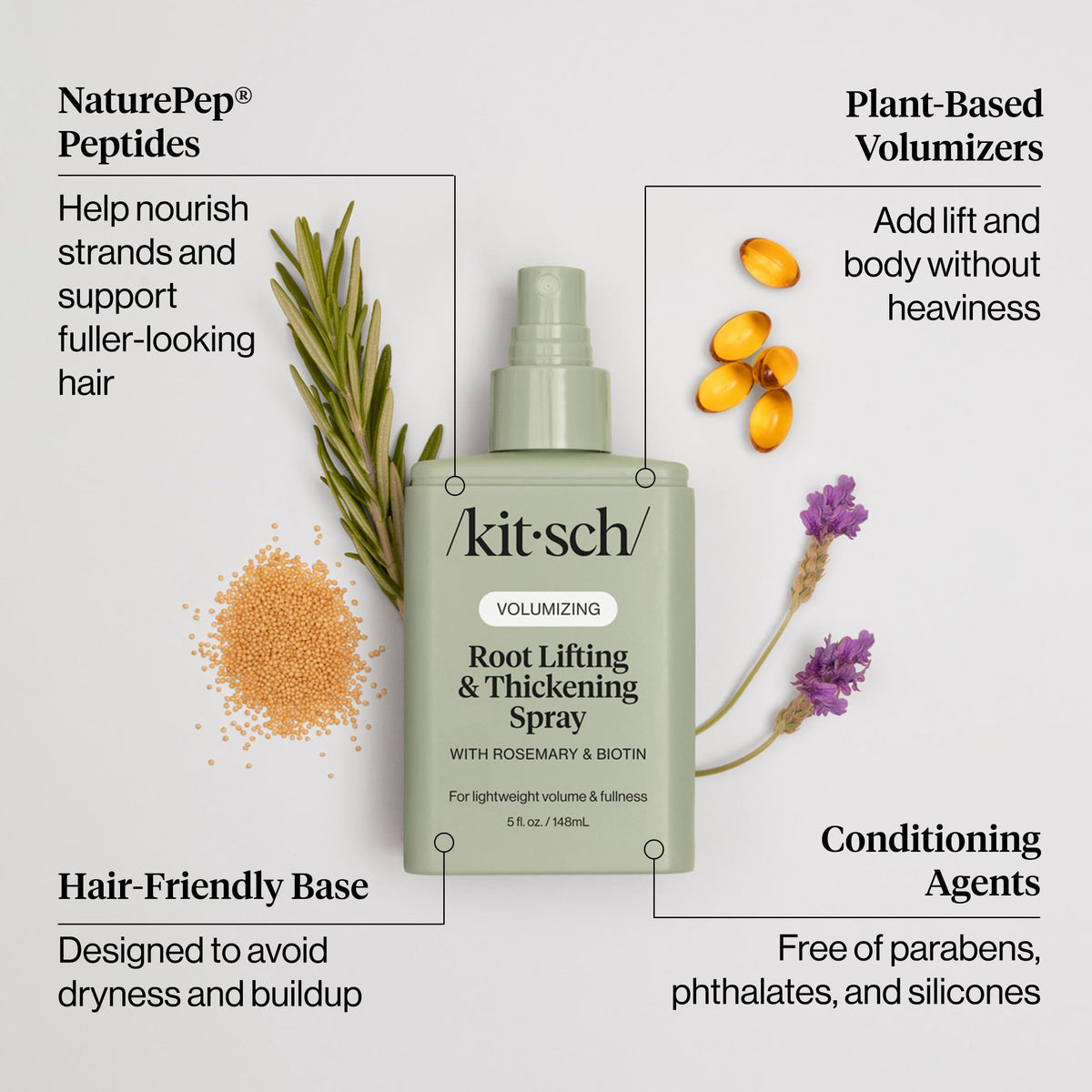 Kitsch Root Hair Volume Spray mist demonstrates quick application for lightweight thickening.