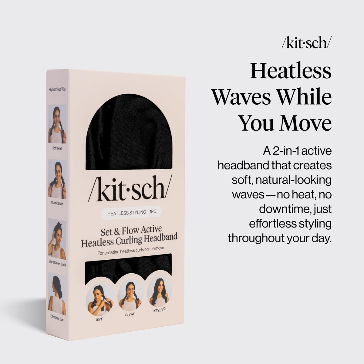 Kitsch heatless curling headband worn during workout for secure styling