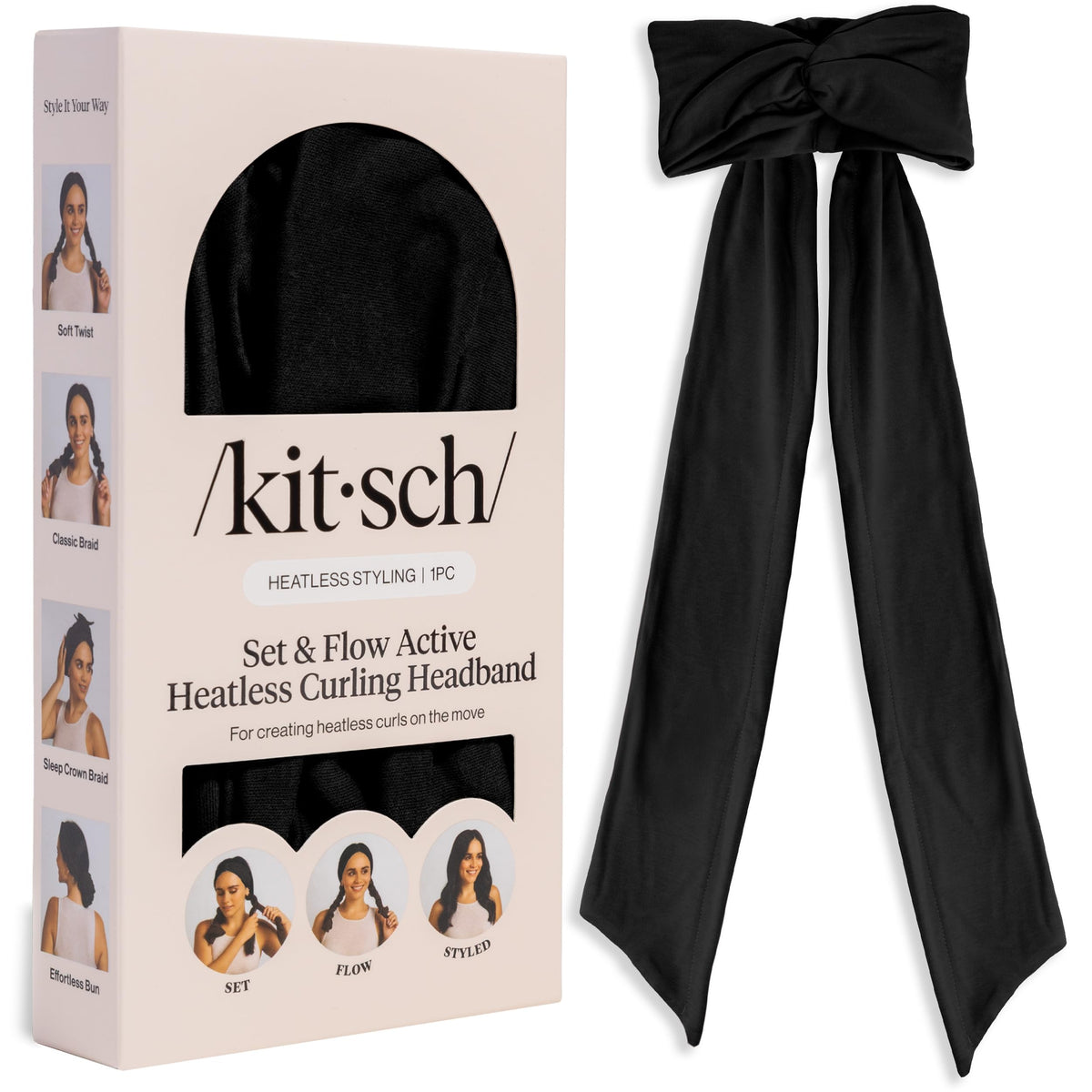 Kitsch Set & Flow heatless curling headband in black wrap for natural waves without heat