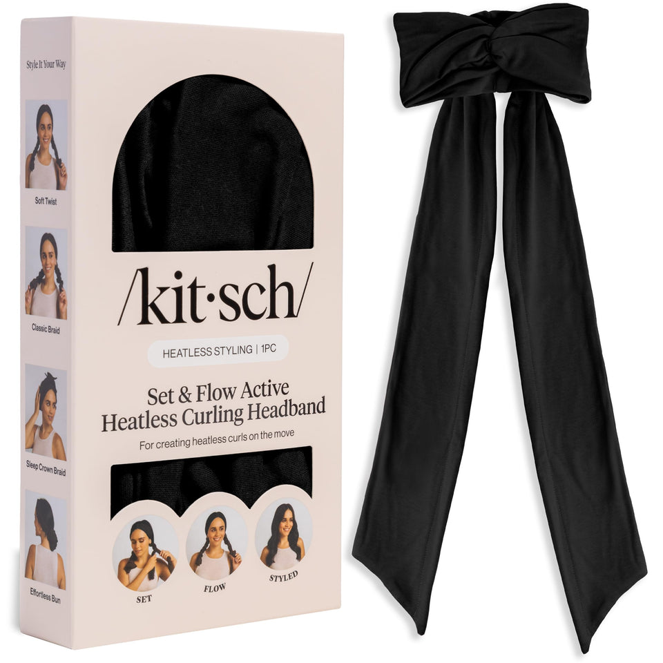 Kitsch Set & Flow heatless curling headband in black wrap for natural waves without heat