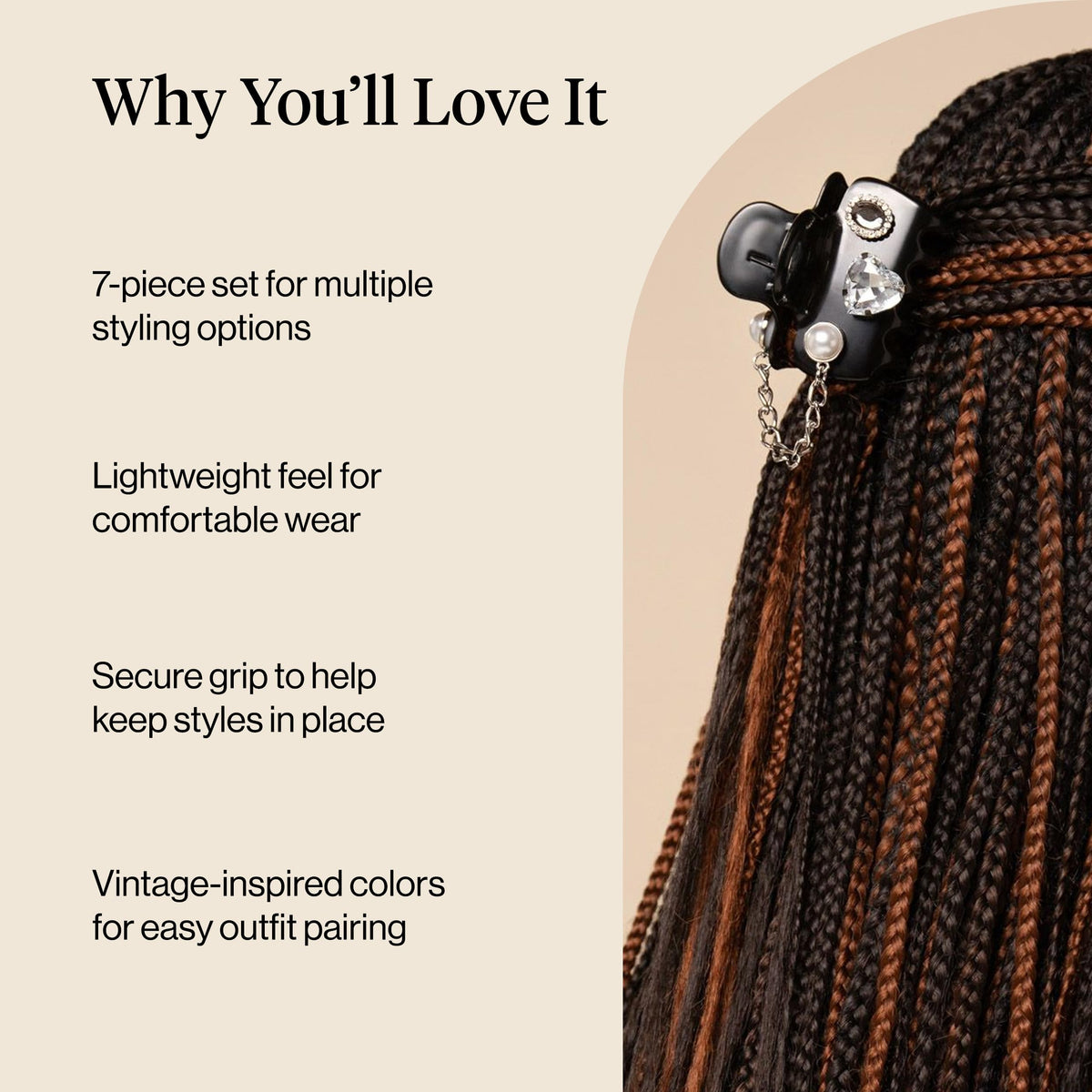 Kitsch vintage black clip with pearlized finish adds chic everyday appeal.