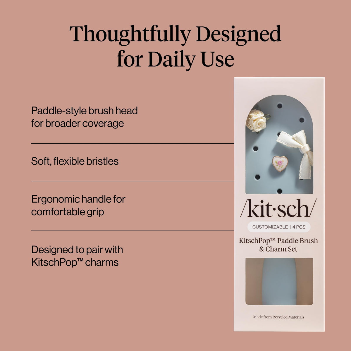 KitschPop paddle brush with large paddle surface for quick, effortless detangling.