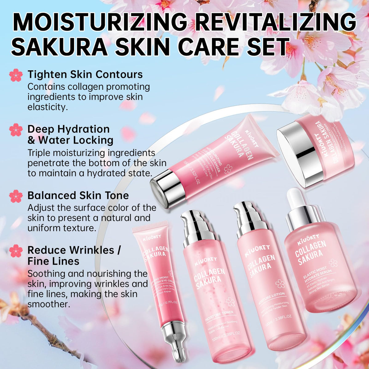 KIUORET Sakura Toner bottle preps skin and refines texture for smoother makeup application.