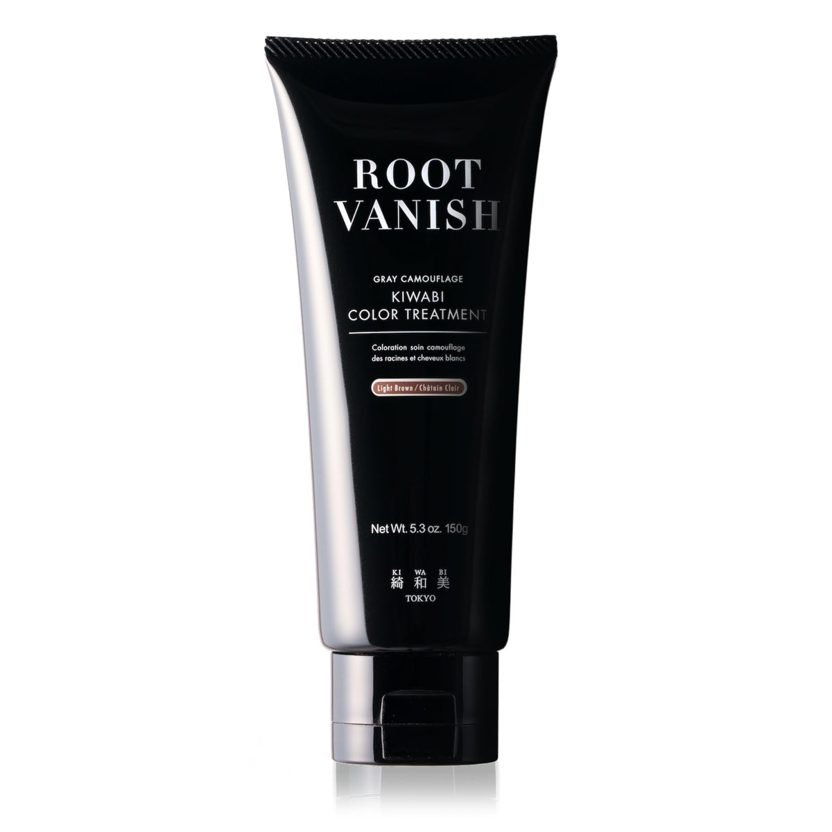 KIWABI Color-Depositing Treatment bottle pour demonstrates gradual gray coverage for natural, seamless color.