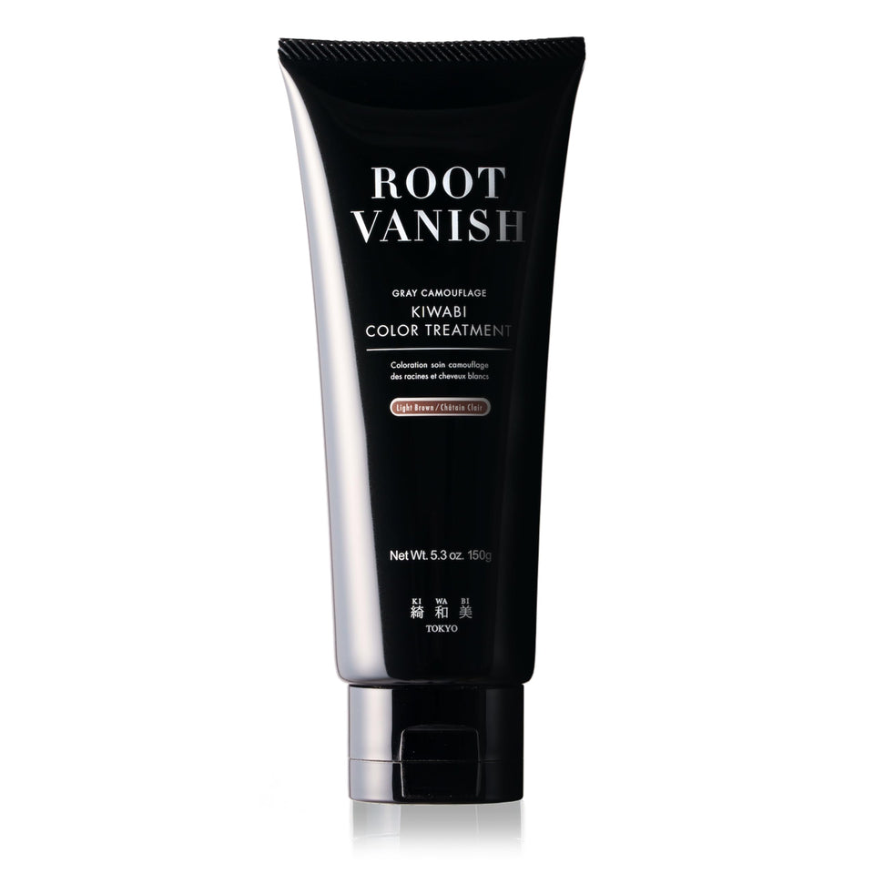 KIWABI Color-Depositing Treatment bottle pour demonstrates gradual gray coverage for natural, seamless color.