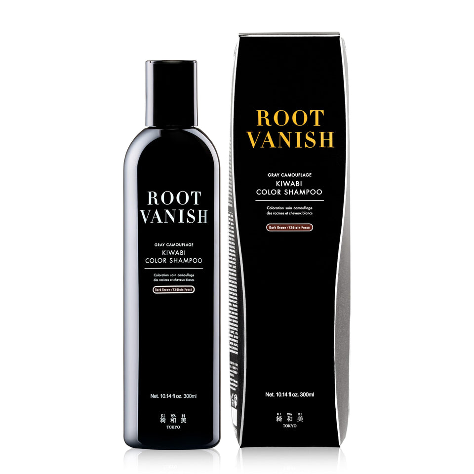 KIWABI gray shampoo bottle closeup showing gradual color blending