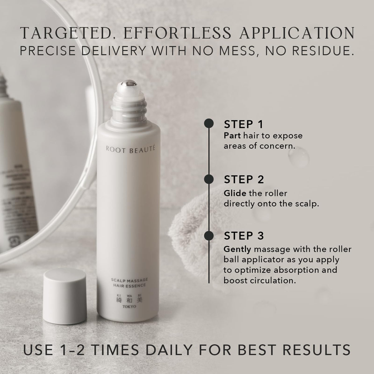 Kiwabi Root Beaute Regrowth Serum easy-dispense setup for quick daily use