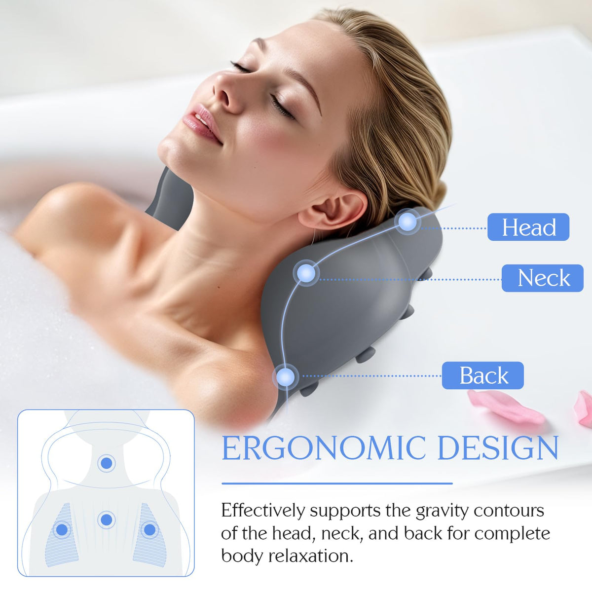 Kixcvdm silicone back support promotes a restful soak