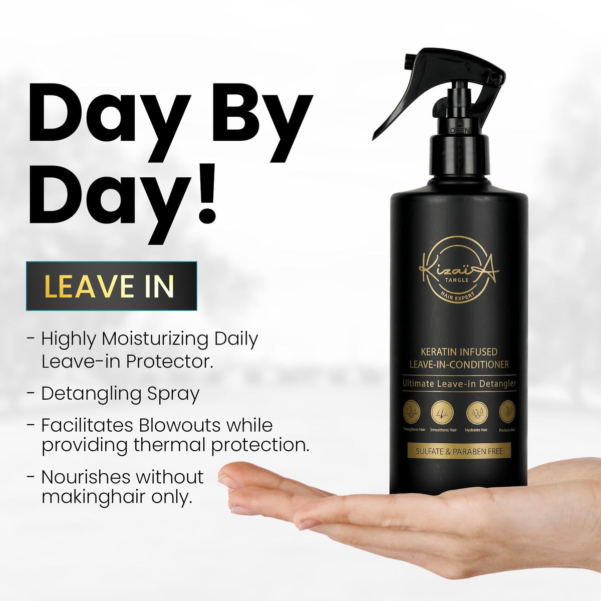 KizaiaCare spray-mist distributes evenly for smooth, controlled styling.
