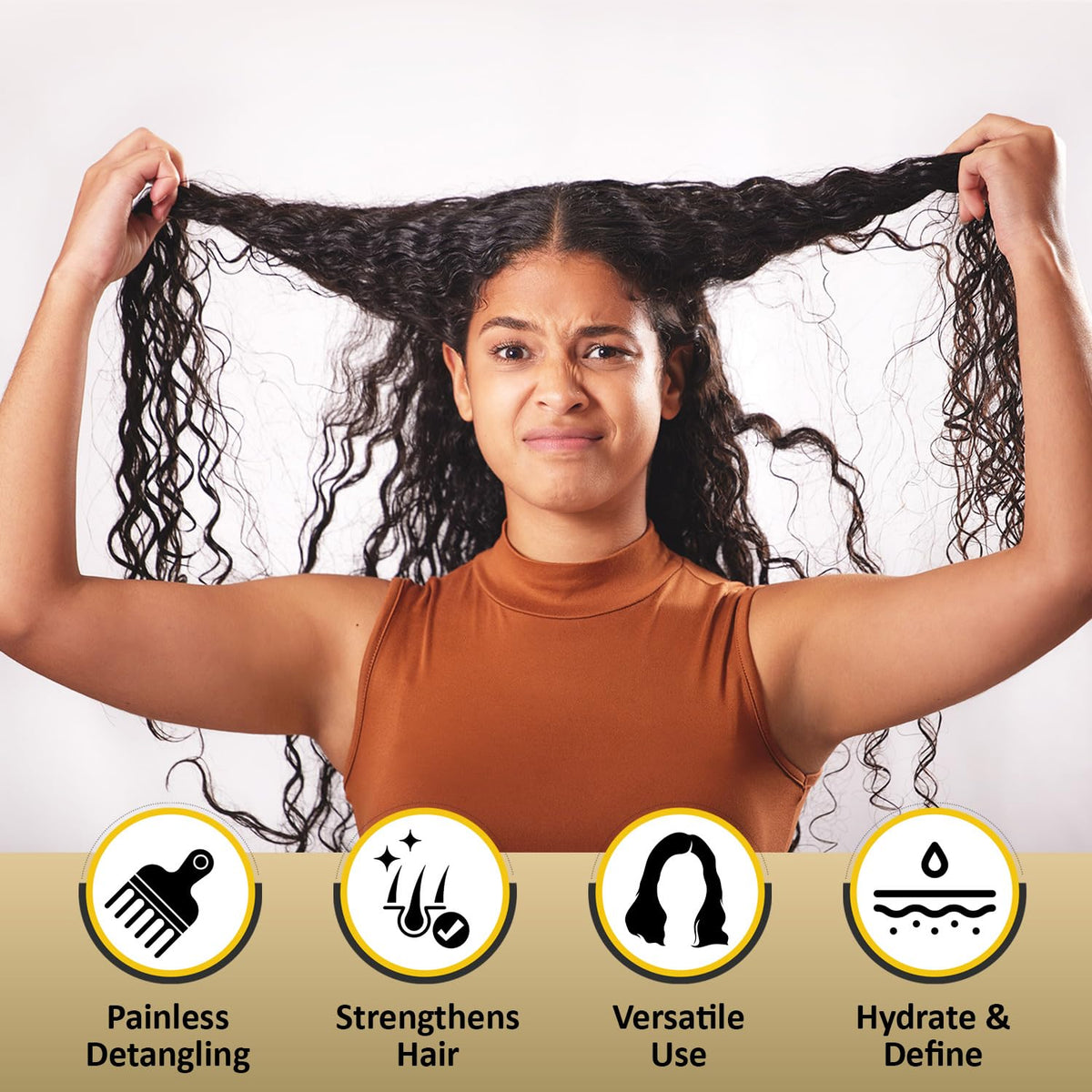 Hair after detangling showing reduced frizz and added shine with KizaiaCare