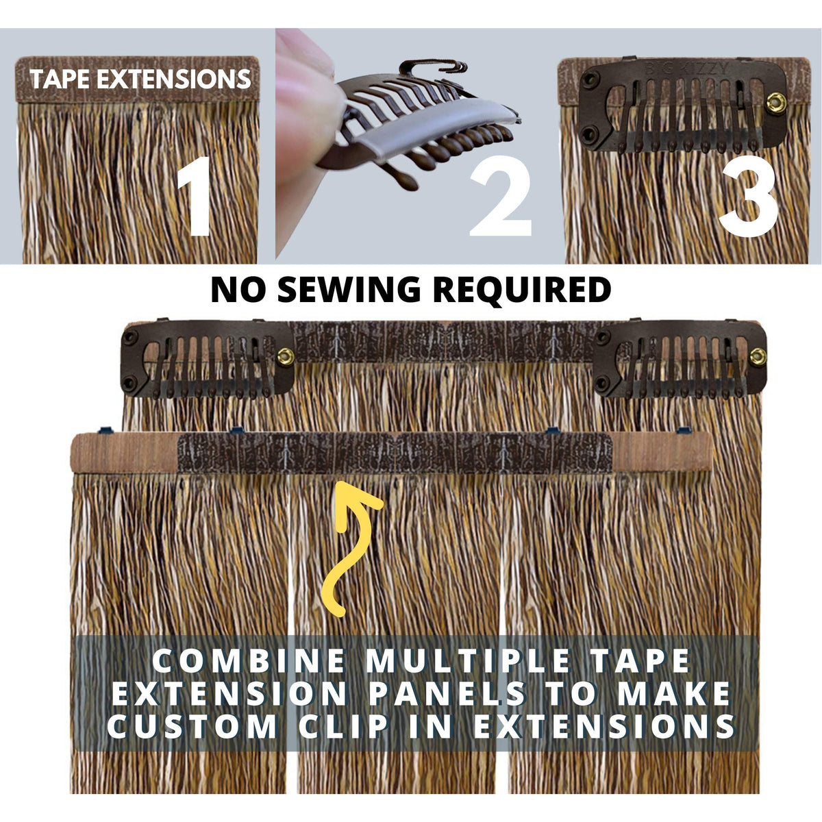 Kizzy Clips tape tabs visible, supporting versatile extension conversion.