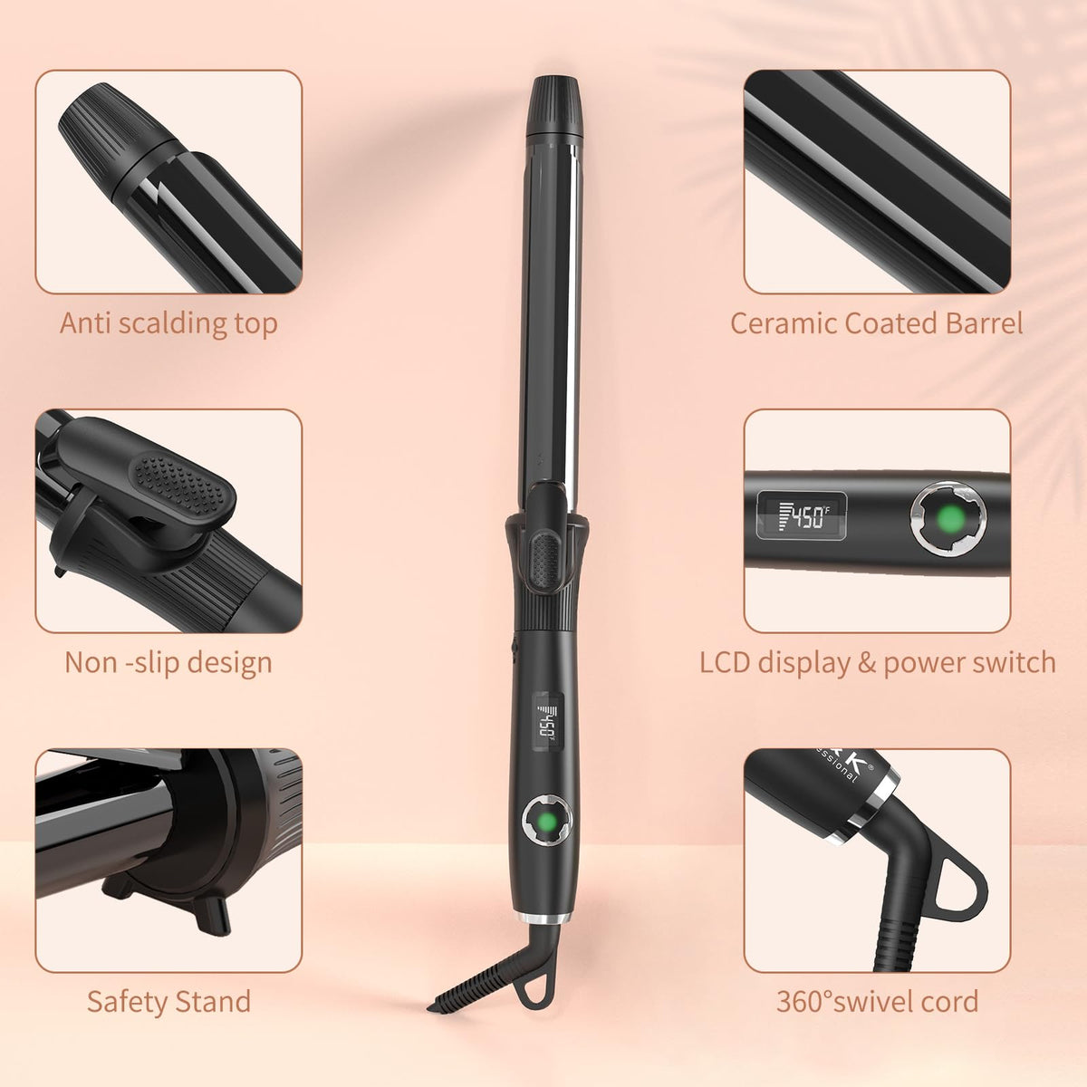 K&K curling iron includes heat-resistant glove, clips, and a comb.