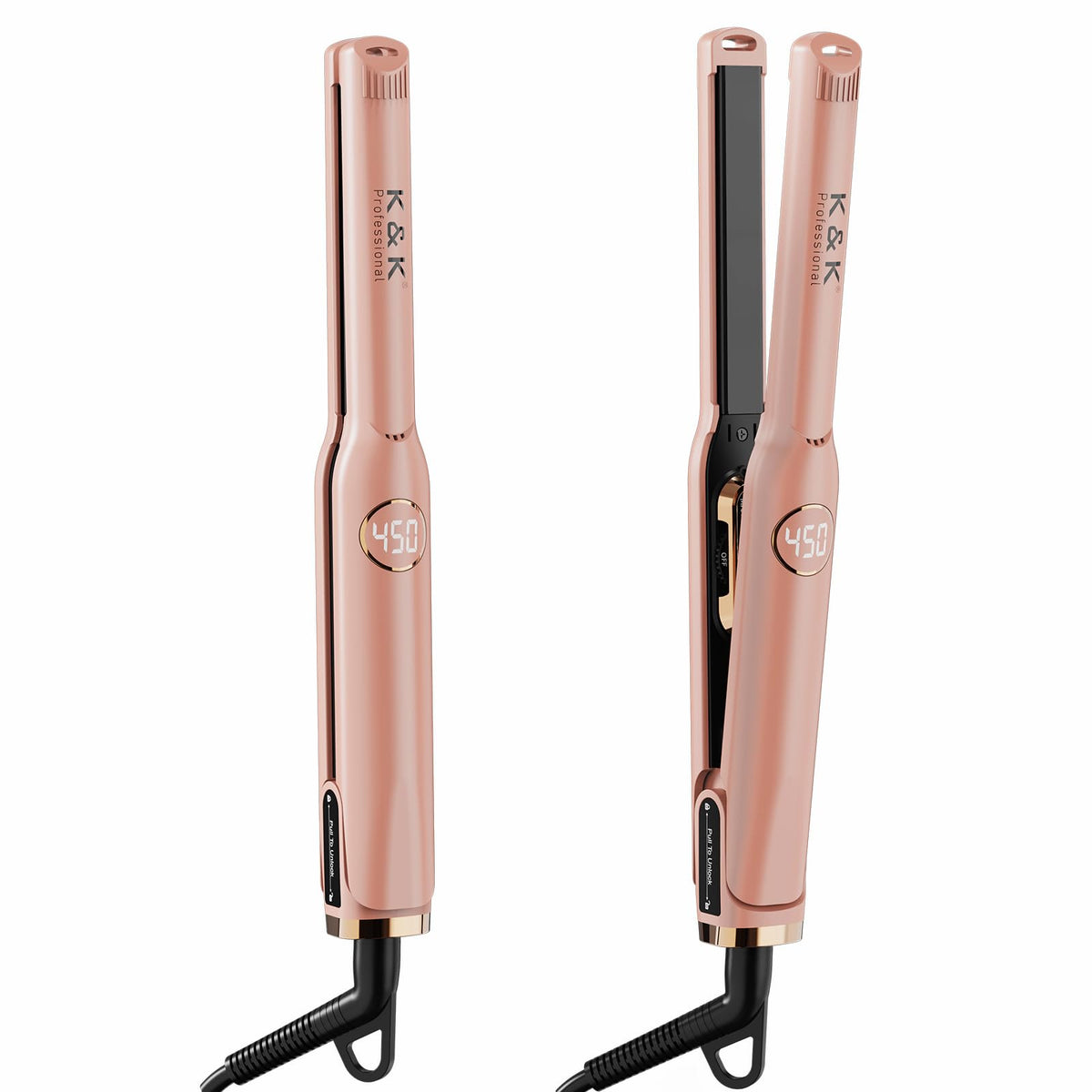 K&K Mini Flat Iron rose gold front view for quick, precise styling.