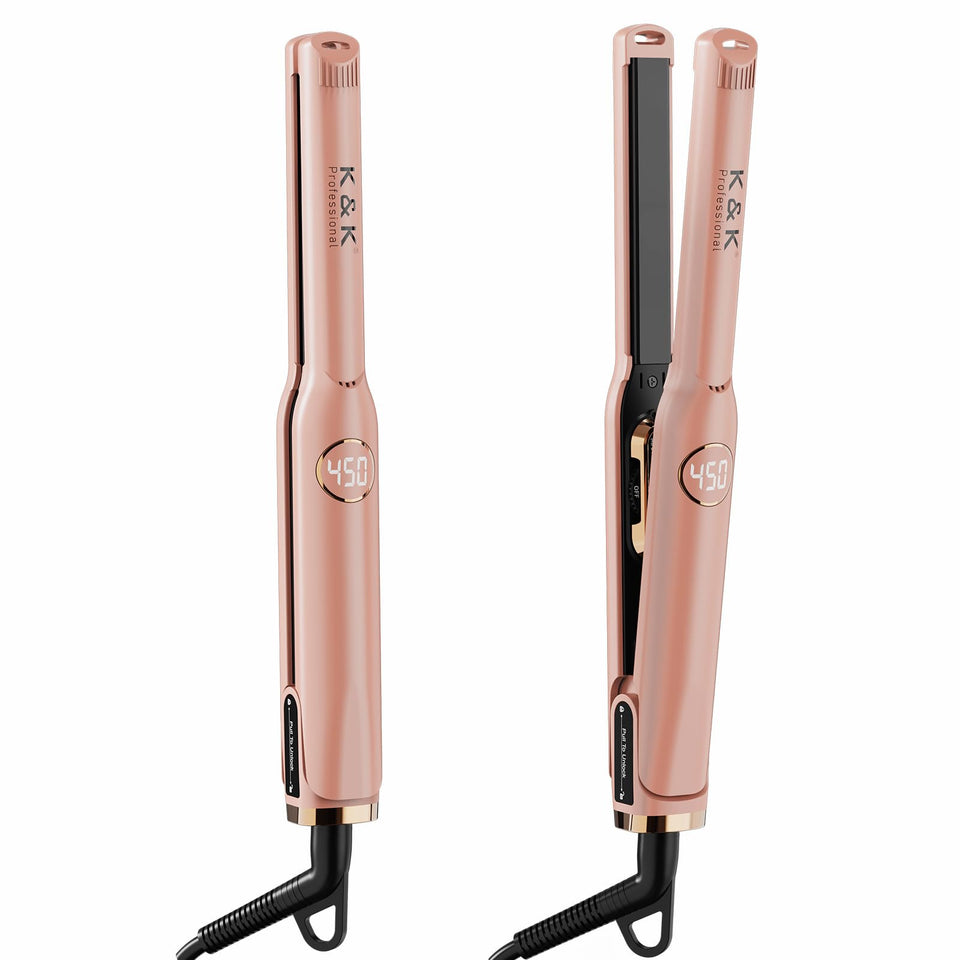 K&K Mini Flat Iron rose gold front view for quick, precise styling.