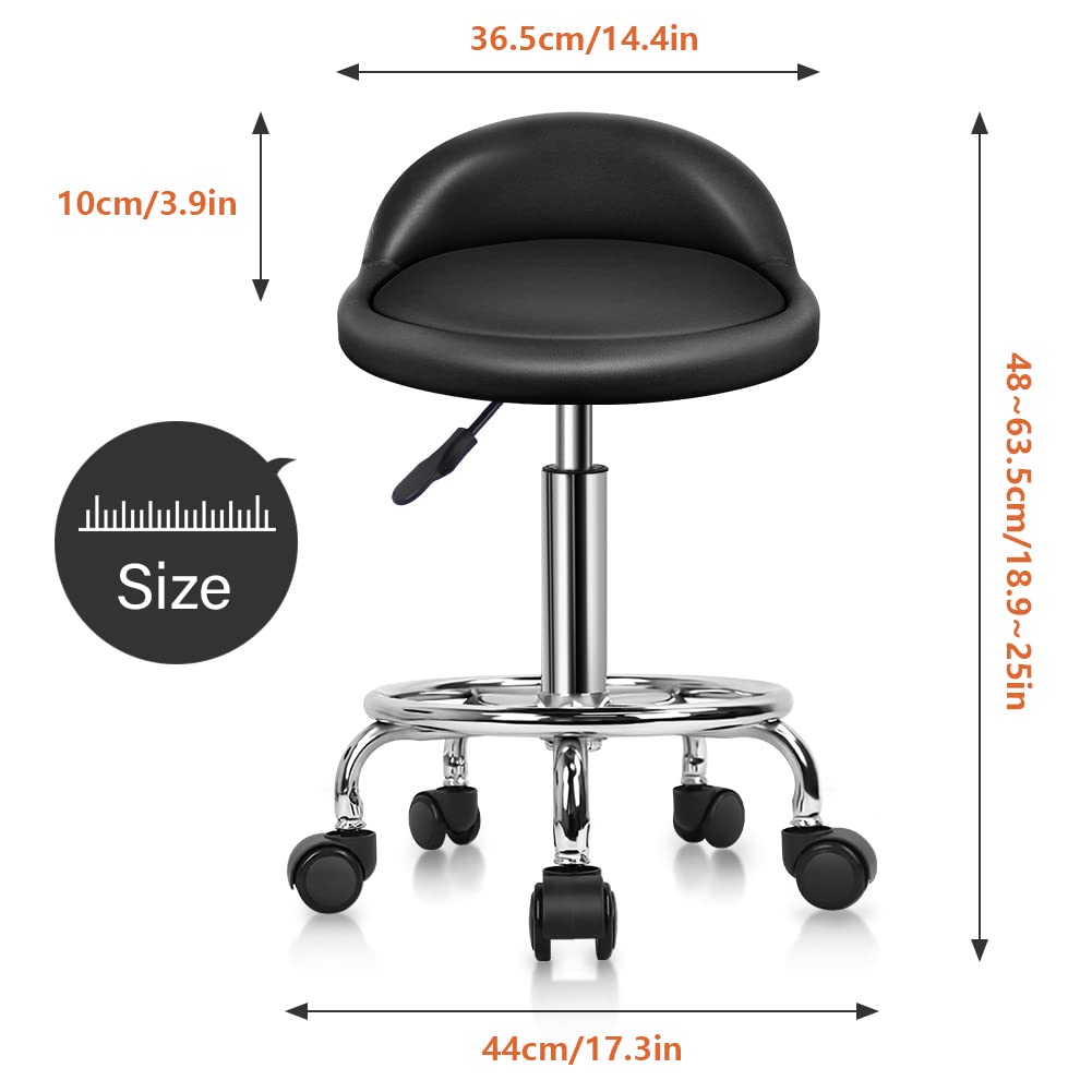 KKTONER PU Leather Round Stool showing chrome footrest for relaxed leg posture.