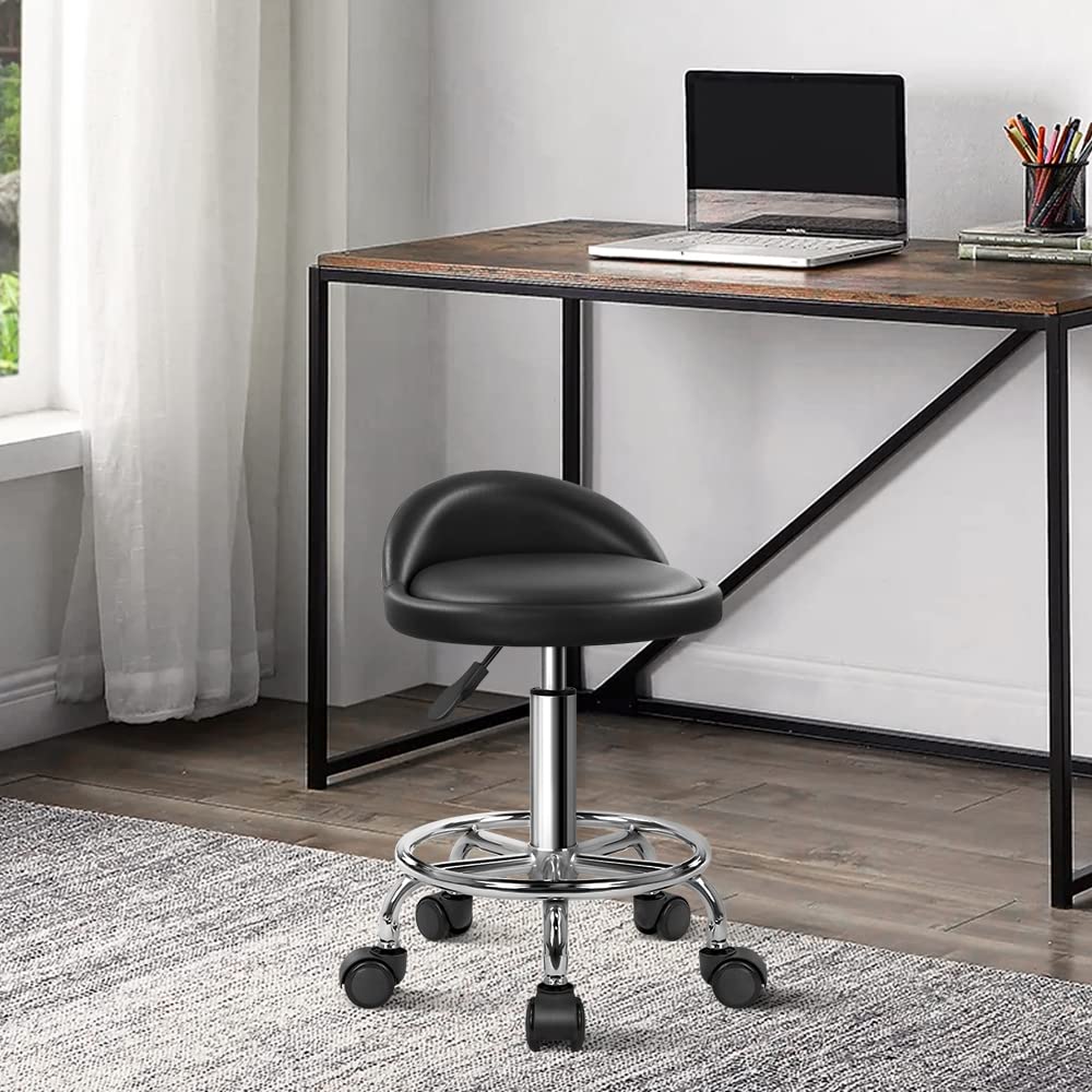 KKTONER PU Leather Round Stool demonstrating height adjustment for ergonomic seating.