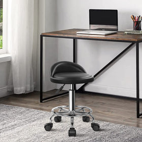 KKTONER PU Leather Round Stool demonstrating height adjustment for ergonomic seating.