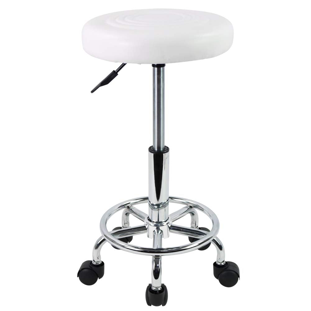 KKTONER PU leather round stool side view with cushioned seat and footrest.